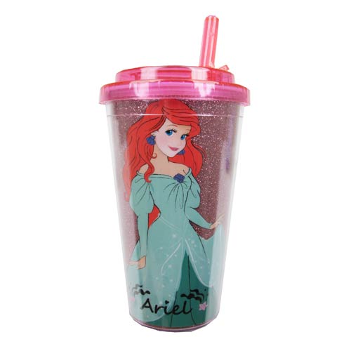 The Little Mermaid Ariel Standing Glitter Plastic 16 oz. Flip-Straw Travel Cup